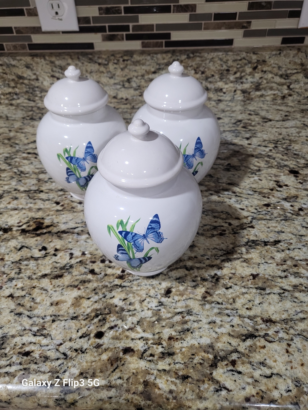 Vintage FTD Ceramic Ginger Jar with Lid – Blue Butterfly Motif Set Of 3 - Picture 1 of 14